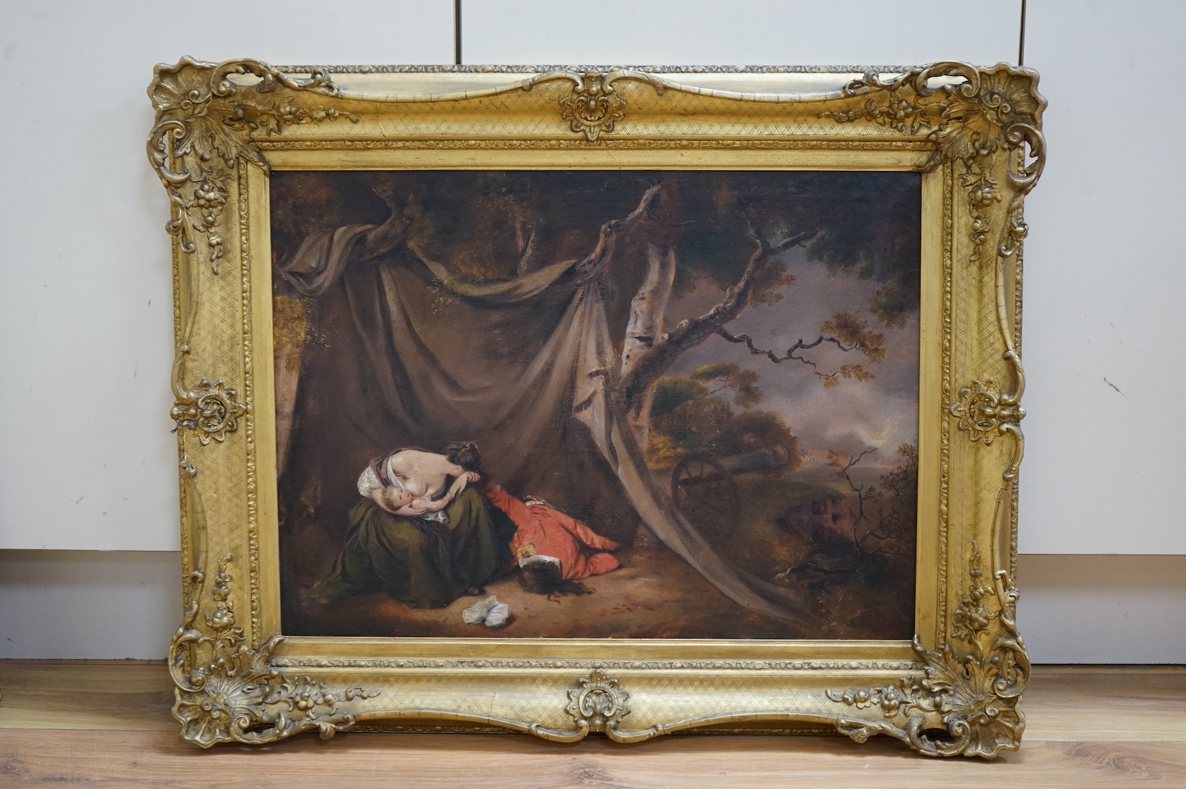 After Joseph Wright of Derby (1734-1797), oil on canvas, 'The dead soldier', unsigned, 42 x 57cm, ornate gilt framed. Condition - fair, some repairs to the canvas